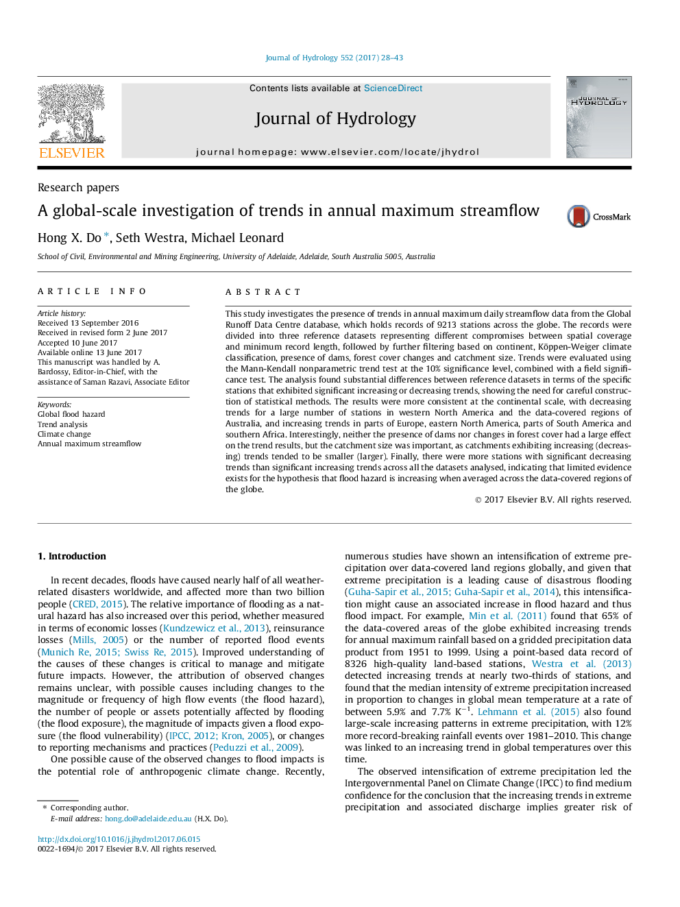 Research papersA global-scale investigation of trends in annual maximum streamflow