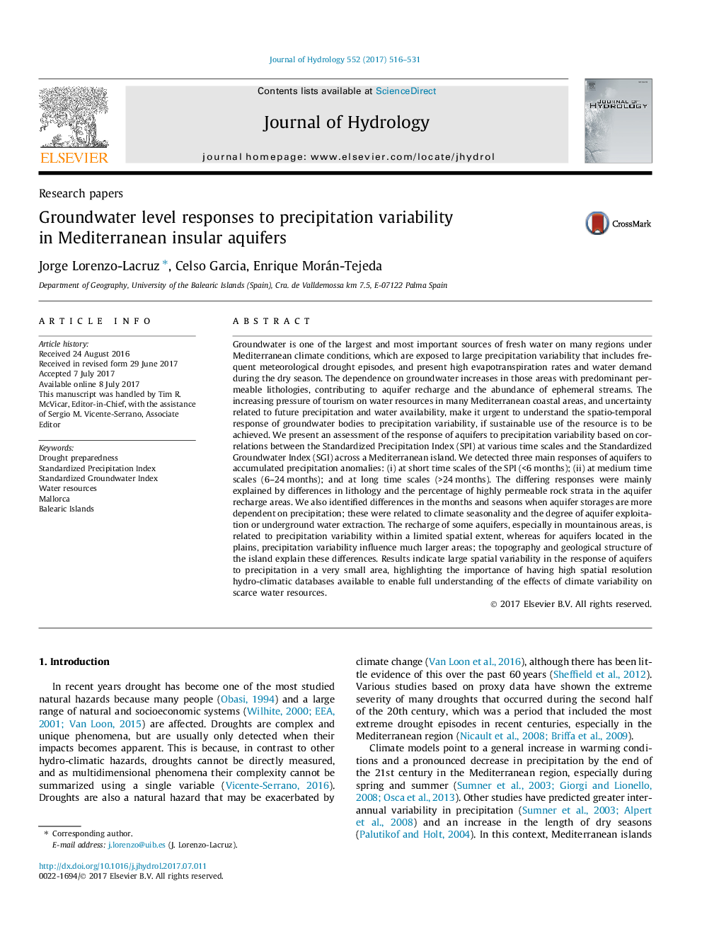 Research papersGroundwater level responses to precipitation variability in Mediterranean insular aquifers