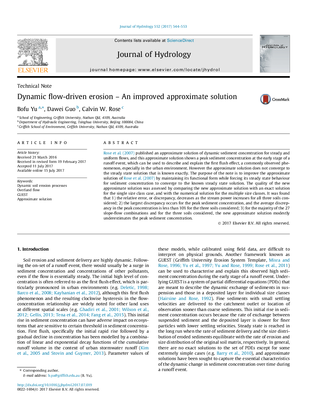 Technical NoteDynamic flow-driven erosion - An improved approximate solution