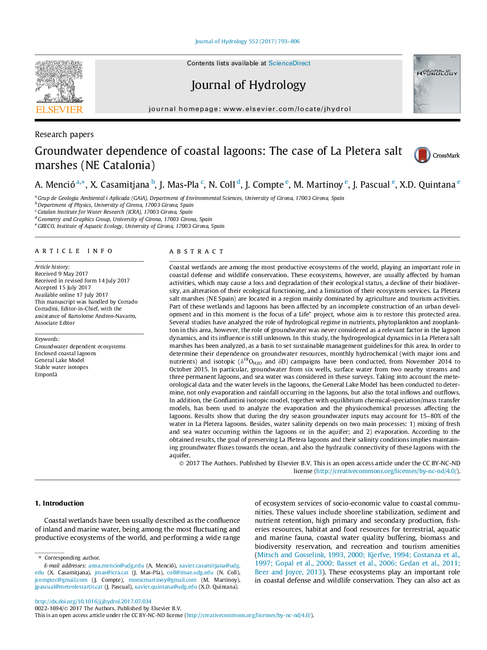 Research papersGroundwater dependence of coastal lagoons: The case of La Pletera salt marshes (NE Catalonia)