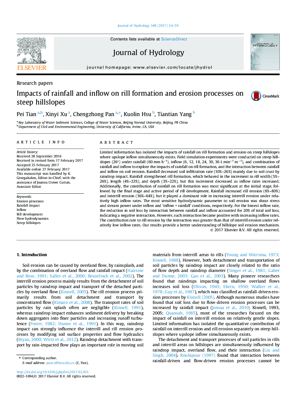 Research papersImpacts of rainfall and inflow on rill formation and erosion processes on steep hillslopes