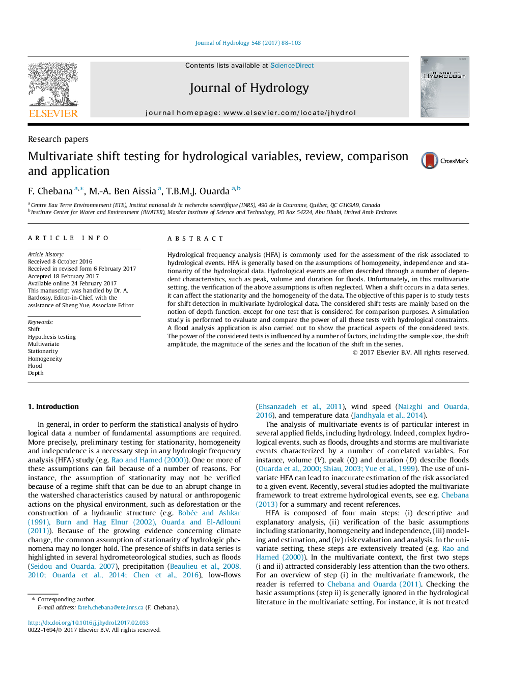 Research papersMultivariate shift testing for hydrological variables, review, comparison and application