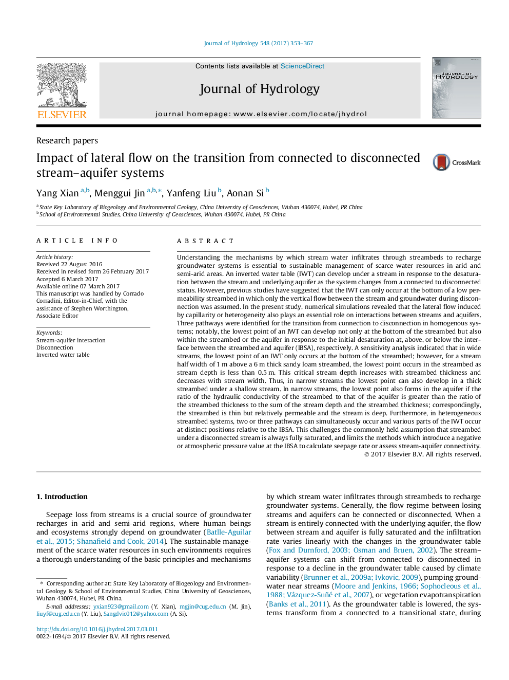 Research papersImpact of lateral flow on the transition from connected to disconnected stream-aquifer systems