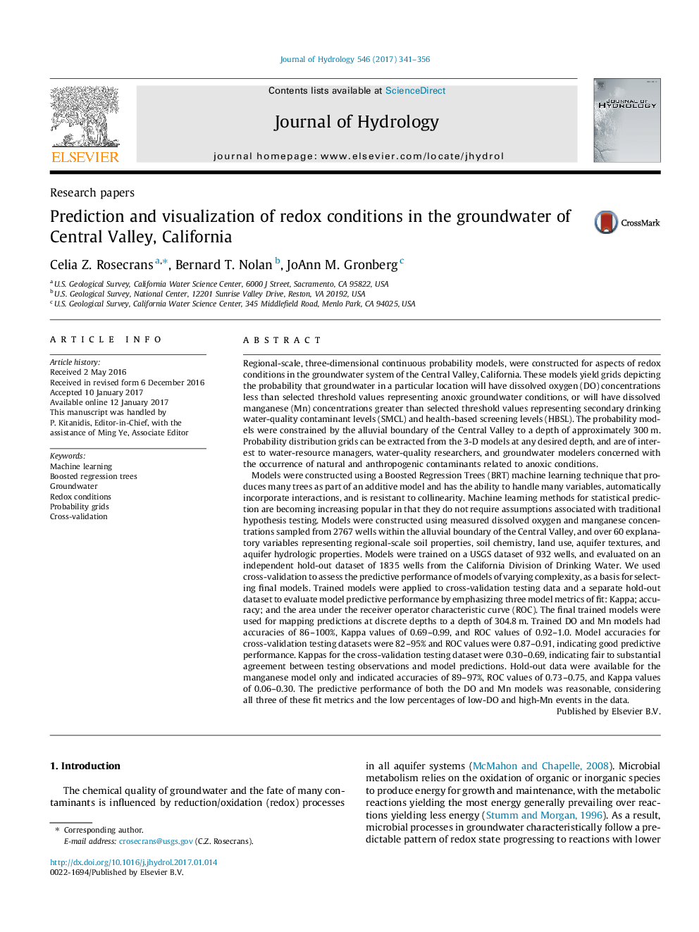 Research papersPrediction and visualization of redox conditions in the groundwater of Central Valley, California