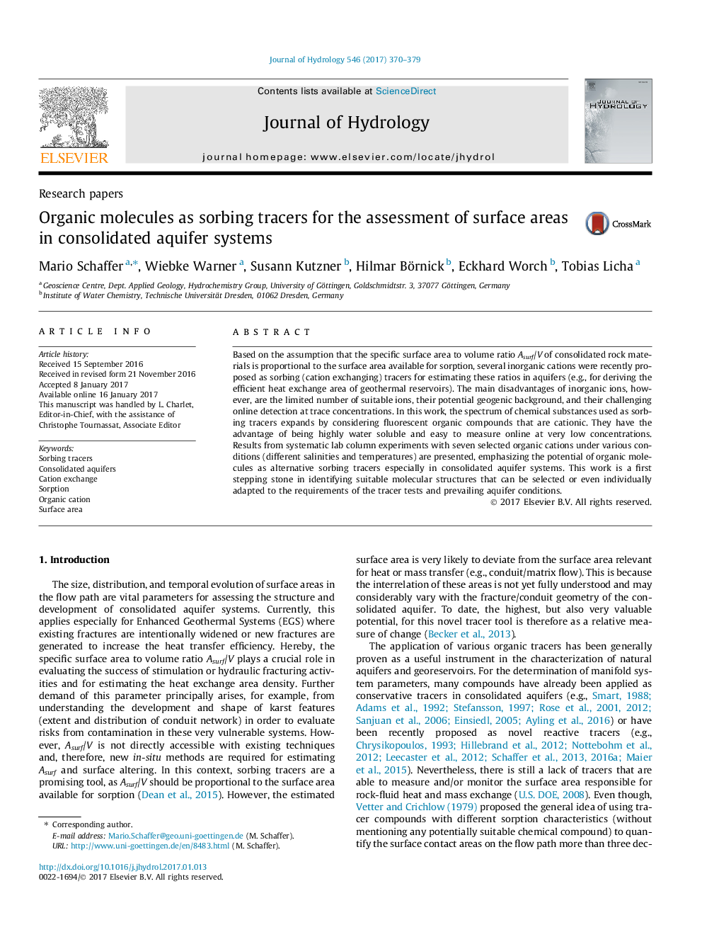 Research papersOrganic molecules as sorbing tracers for the assessment of surface areas in consolidated aquifer systems