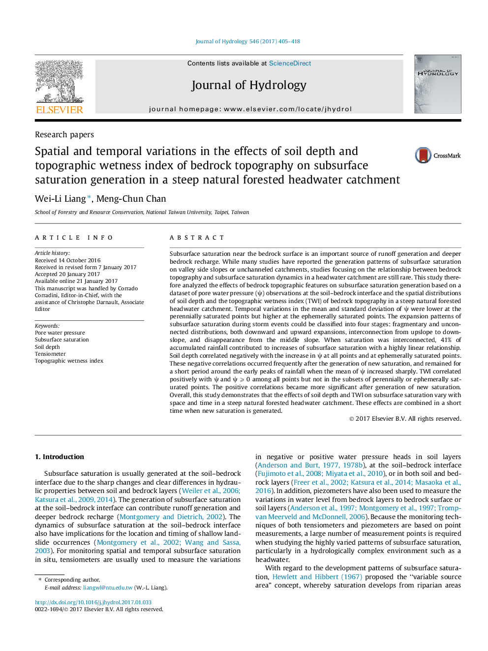 Research papersSpatial and temporal variations in the effects of soil depth and topographic wetness index of bedrock topography on subsurface saturation generation in a steep natural forested headwater catchment