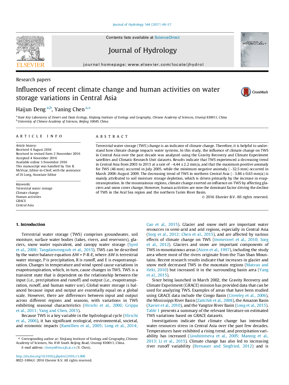 Research papersInfluences of recent climate change and human activities on water storage variations in Central Asia