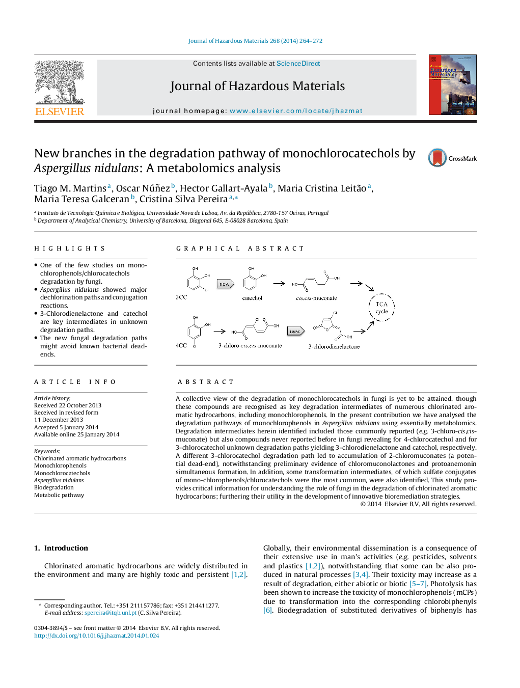 New branches in the degradation pathway of monochlorocatechols by Aspergillus nidulans: A metabolomics analysis