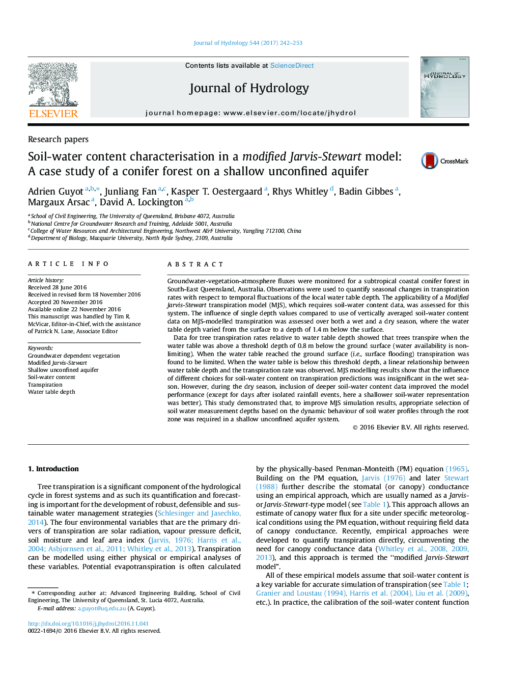 Research papersSoil-water content characterisation in a modified Jarvis-Stewart model: A case study of a conifer forest on a shallow unconfined aquifer