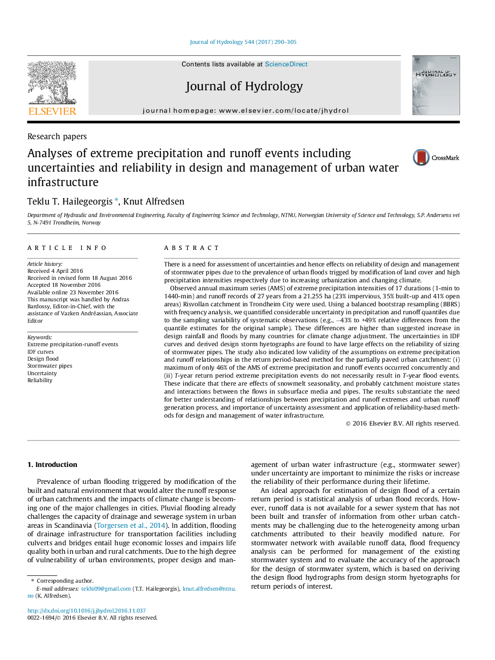 Research papersAnalyses of extreme precipitation and runoff events including uncertainties and reliability in design and management of urban water infrastructure