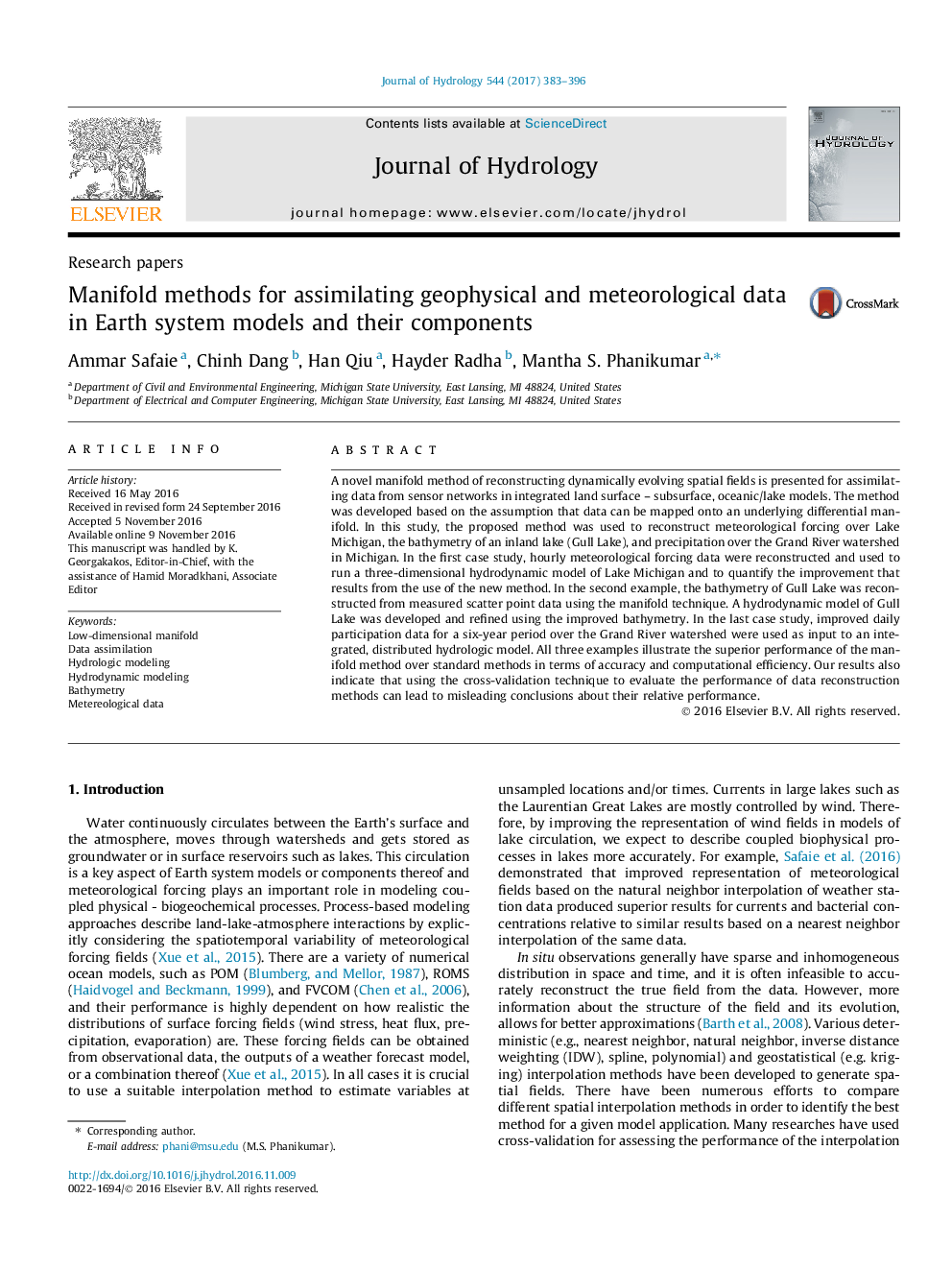 Research papersManifold methods for assimilating geophysical and meteorological data in Earth system models and their components