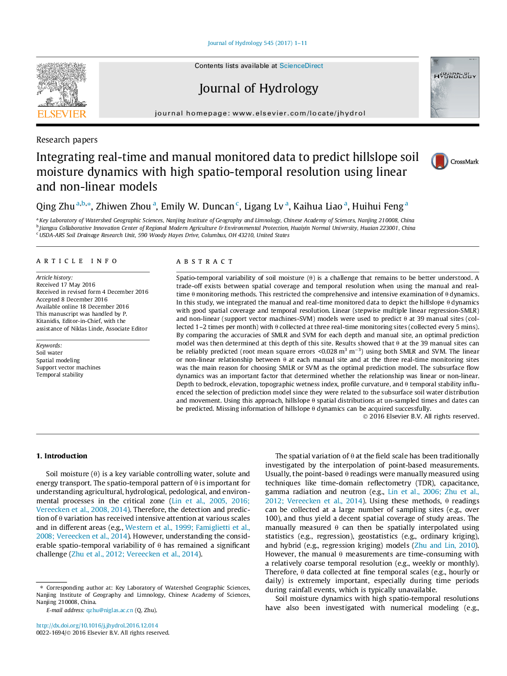 Research papersIntegrating real-time and manual monitored data to predict hillslope soil moisture dynamics with high spatio-temporal resolution using linear and non-linear models