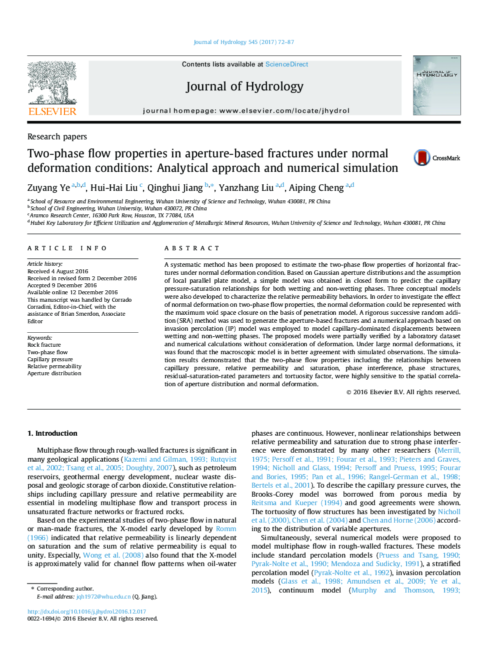 Research papersTwo-phase flow properties in aperture-based fractures under normal deformation conditions: Analytical approach and numerical simulation