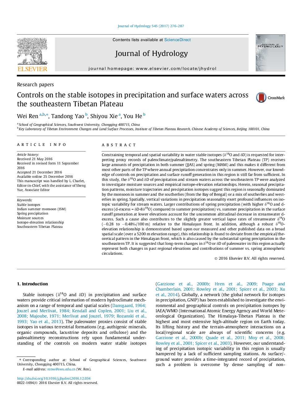 Research papersControls on the stable isotopes in precipitation and surface waters across the southeastern Tibetan Plateau