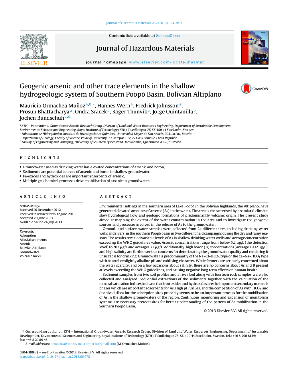 Geogenic arsenic and other trace elements in the shallow hydrogeologic system of Southern Poopó Basin, Bolivian Altiplano