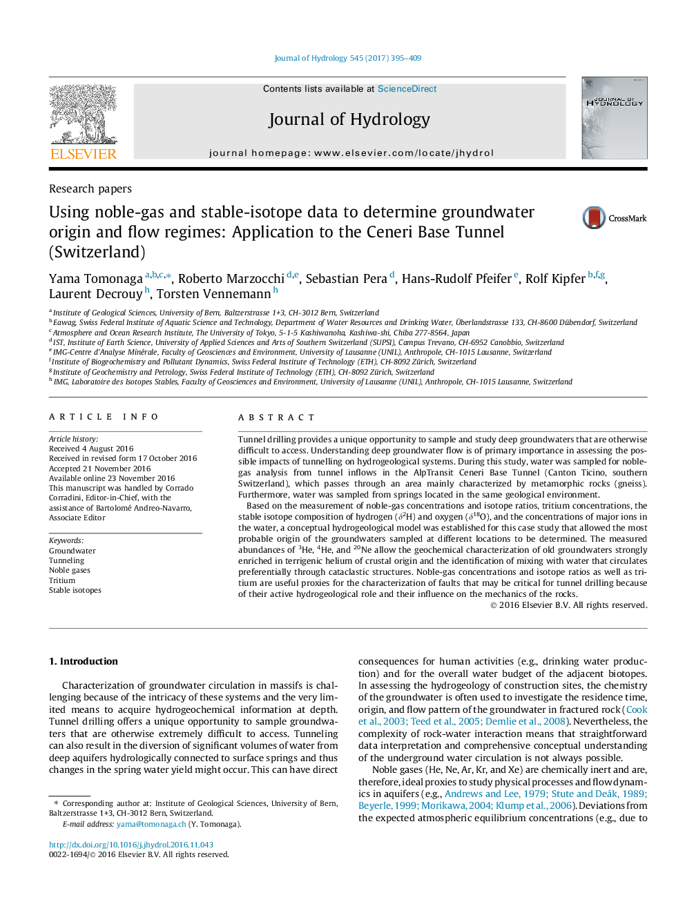 Research papersUsing noble-gas and stable-isotope data to determine groundwater origin and flow regimes: Application to the Ceneri Base Tunnel (Switzerland)