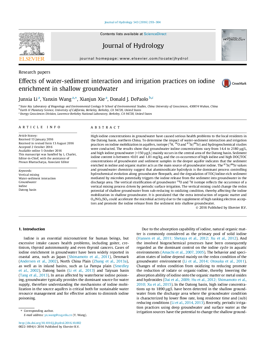 Research papersEffects of water-sediment interaction and irrigation practices on iodine enrichment in shallow groundwater