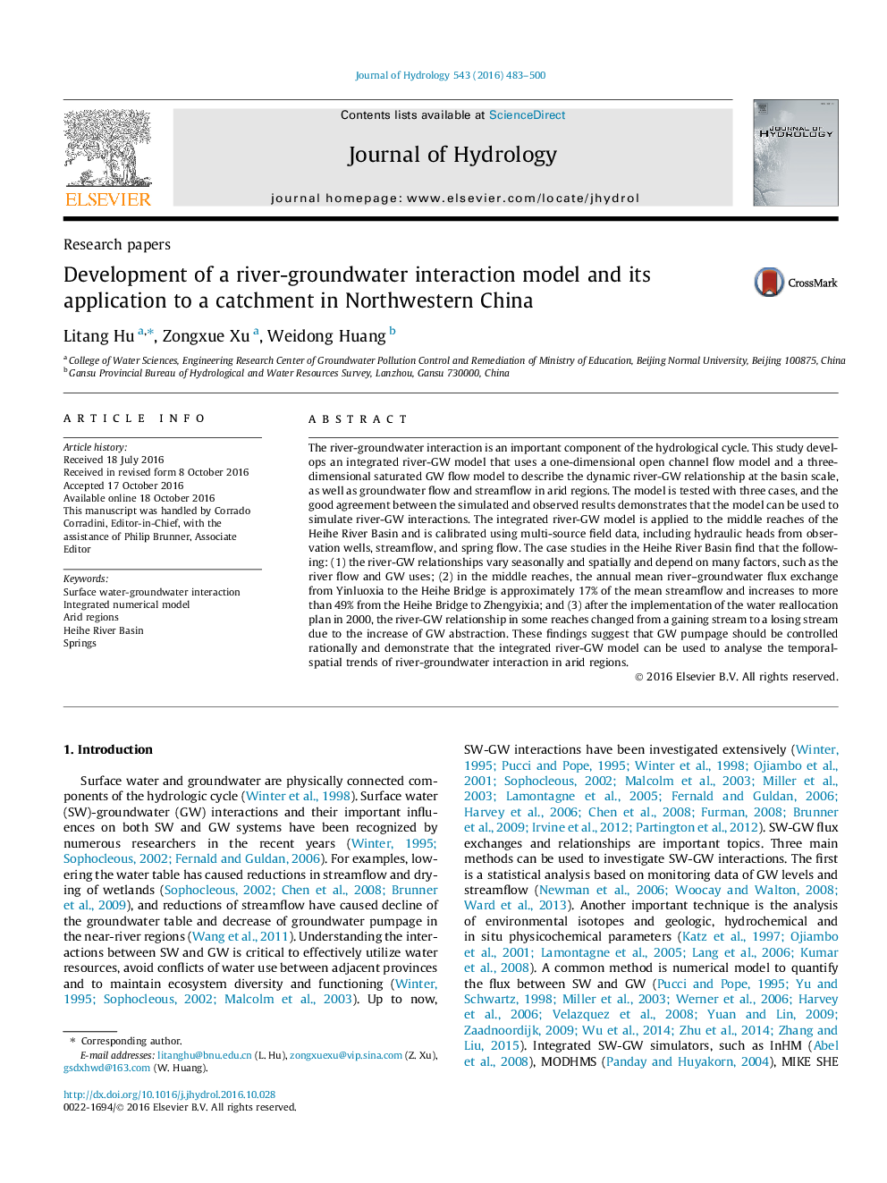 Research papersDevelopment of a river-groundwater interaction model and its application to a catchment in Northwestern China