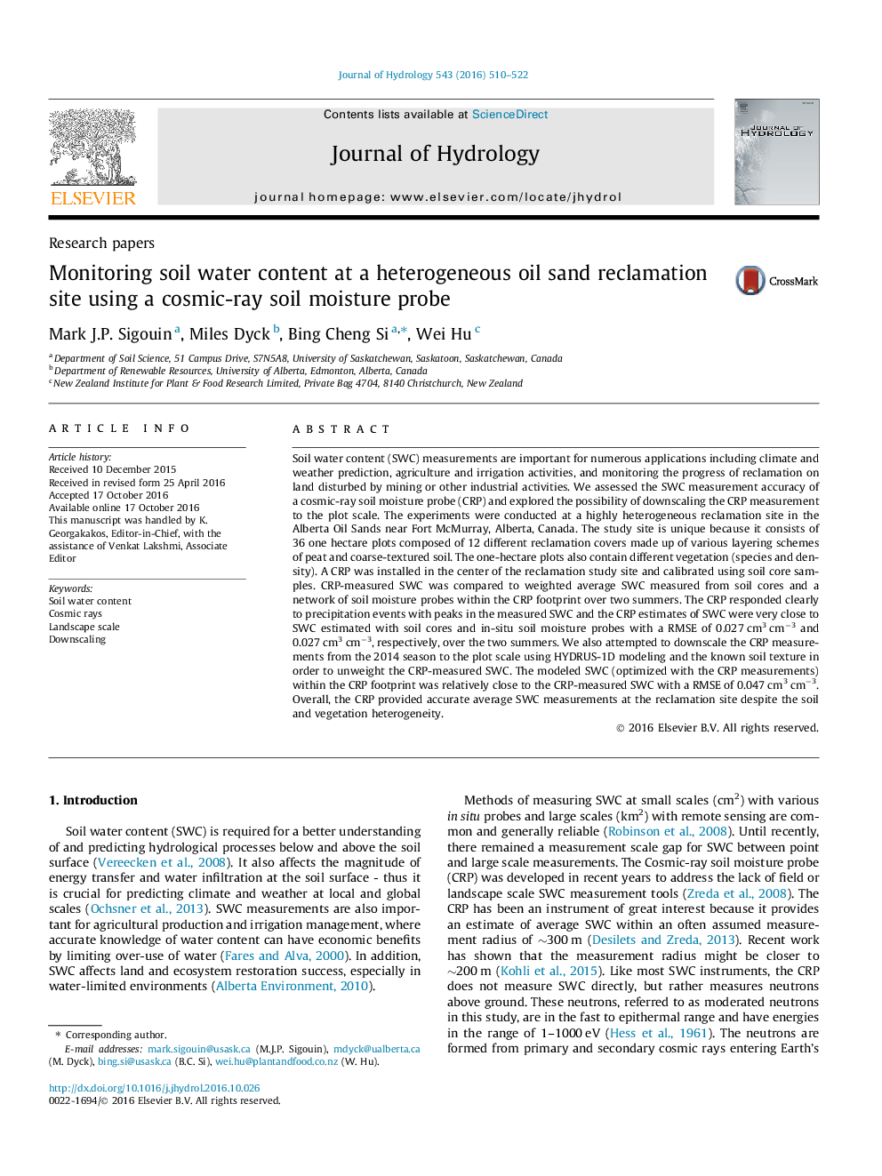 Research papersMonitoring soil water content at a heterogeneous oil sand reclamation site using a cosmic-ray soil moisture probe