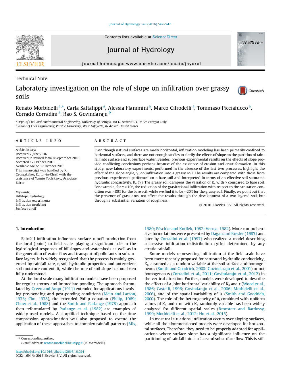 Technical NoteLaboratory investigation on the role of slope on infiltration over grassy soils