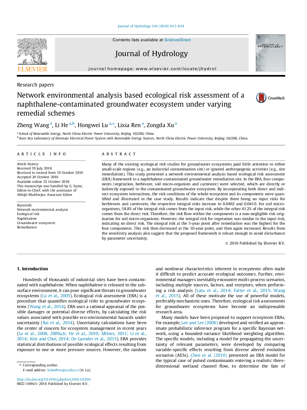 Research papersNetwork environmental analysis based ecological risk assessment of a naphthalene-contaminated groundwater ecosystem under varying remedial schemes