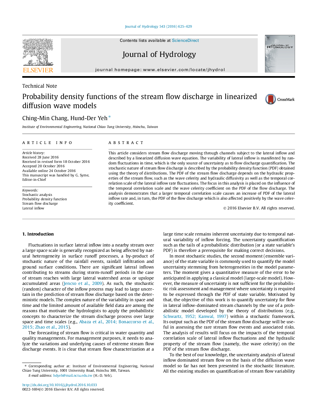 Probability density functions of the stream flow discharge in linearized diffusion wave models