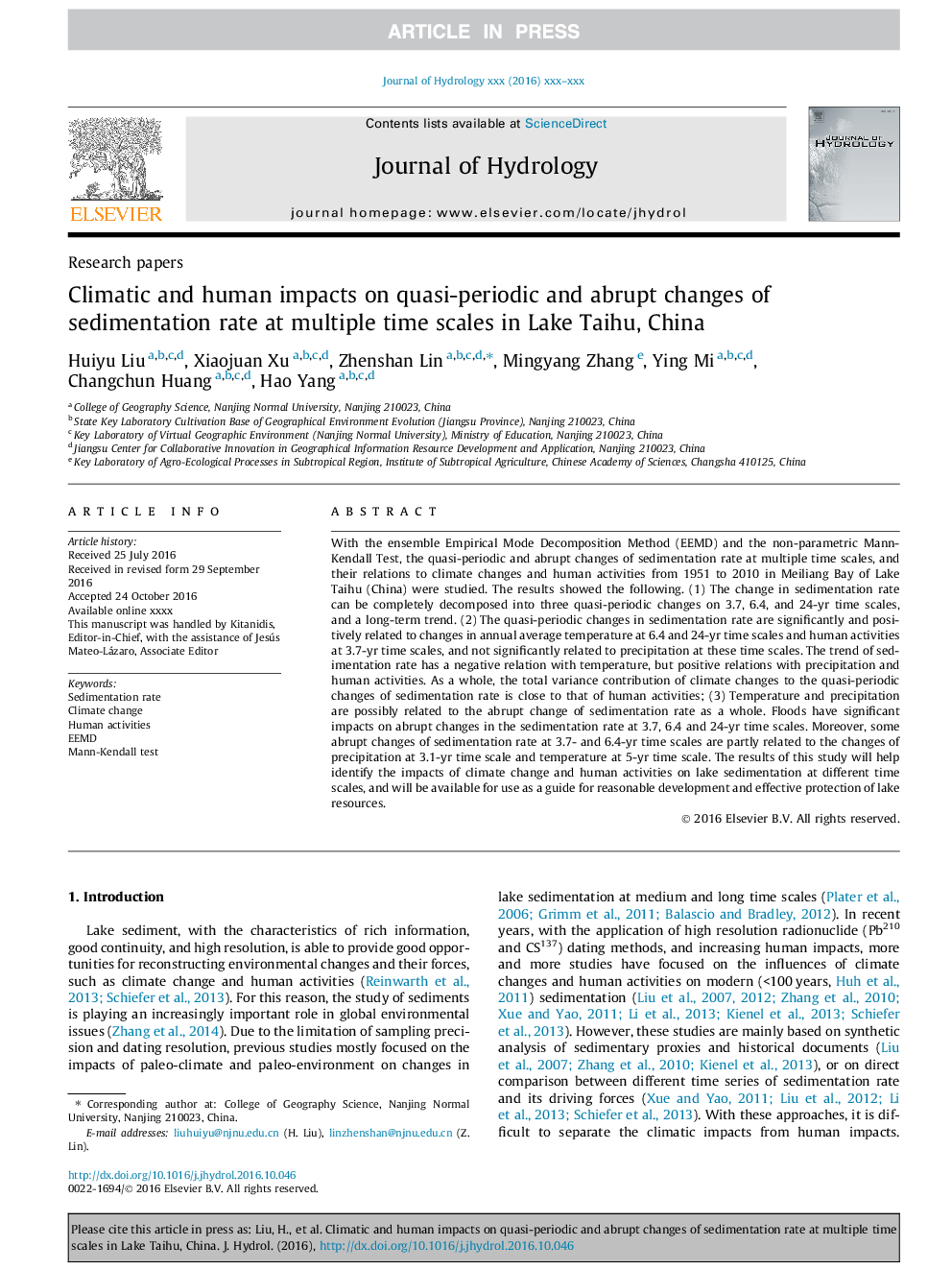 Climatic and human impacts on quasi-periodic and abrupt changes of sedimentation rate at multiple time scales in Lake Taihu, China