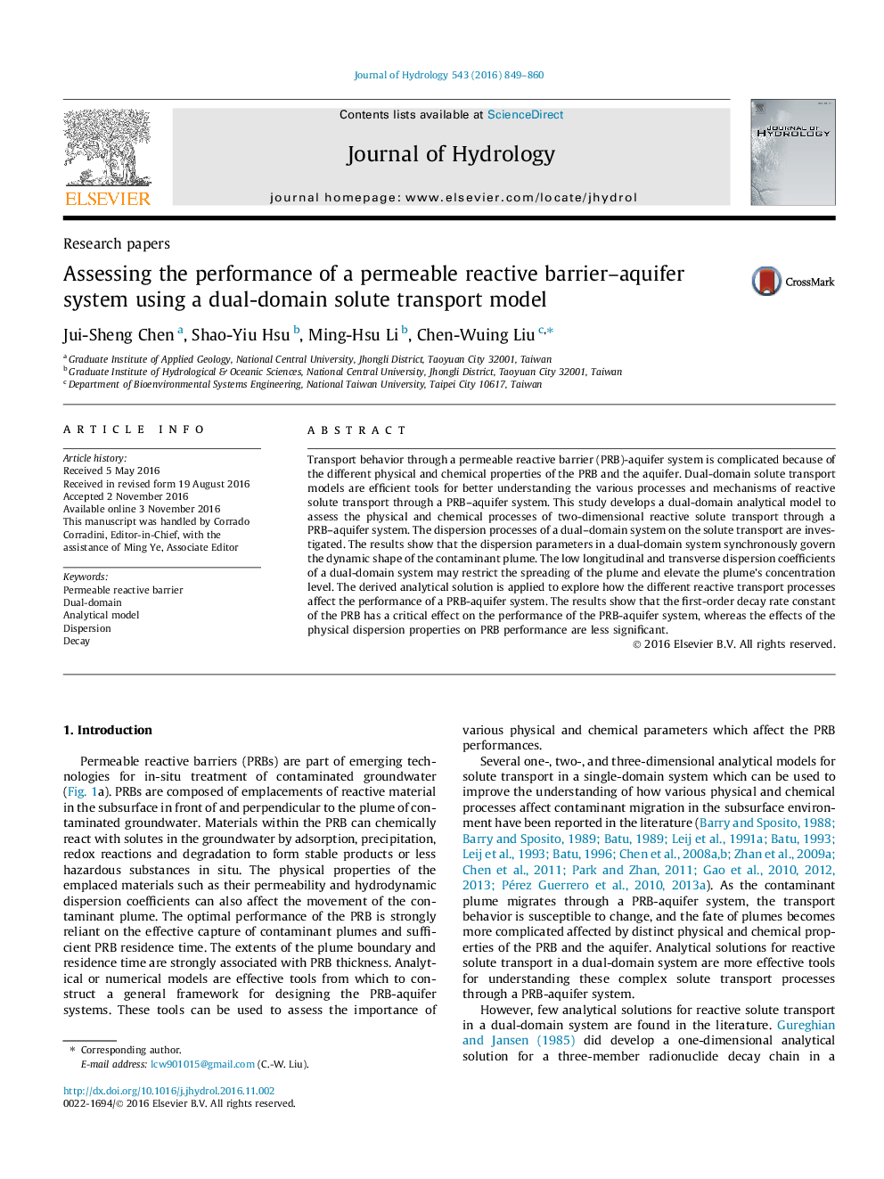 Research papersAssessing the performance of a permeable reactive barrier-aquifer system using a dual-domain solute transport model