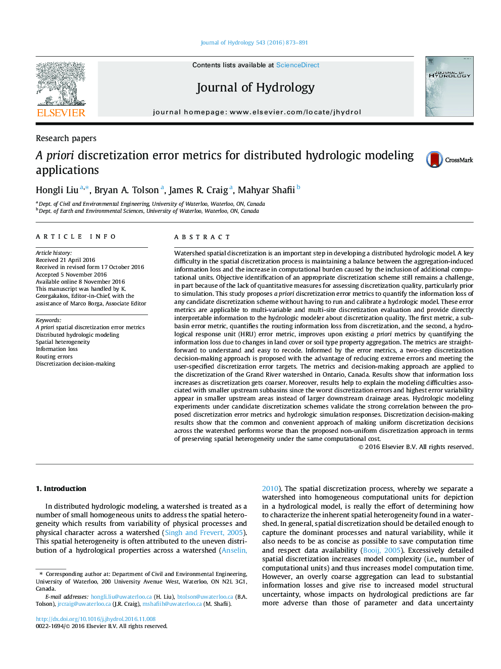 Research papersA priori discretization error metrics for distributed hydrologic modeling applications