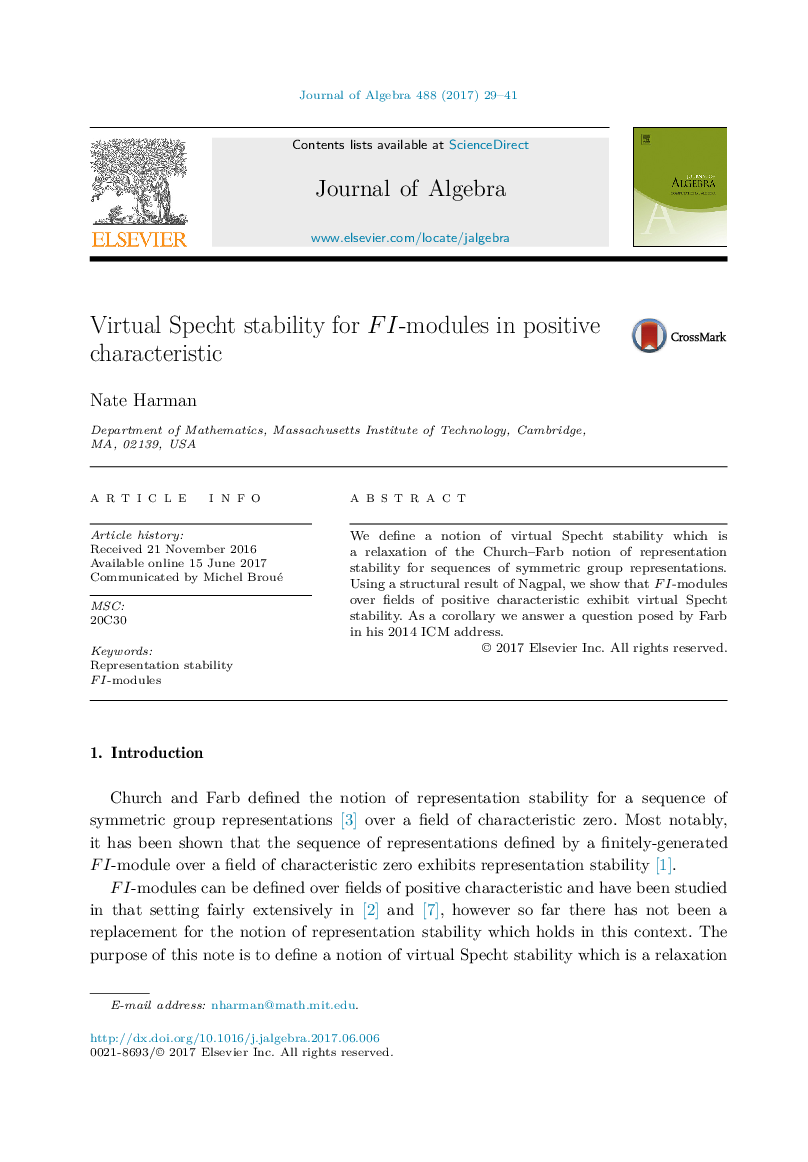 عکس صفحه اول مقاله: Virtual Specht stability for FI-modules in positive characteristic Virtual Specht stability for FI-modules in positive characteristic