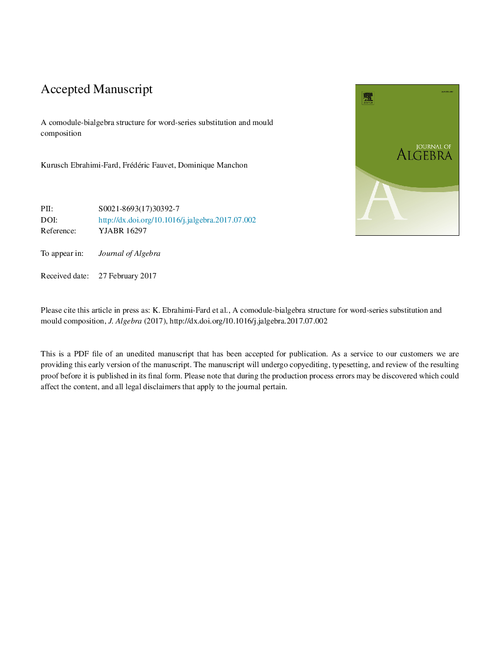 عکس صفحه اول مقاله: A comodule-bialgebra structure for word-series substitution and mould composition A comodule-bialgebra structure for word-series substitution and mould composition