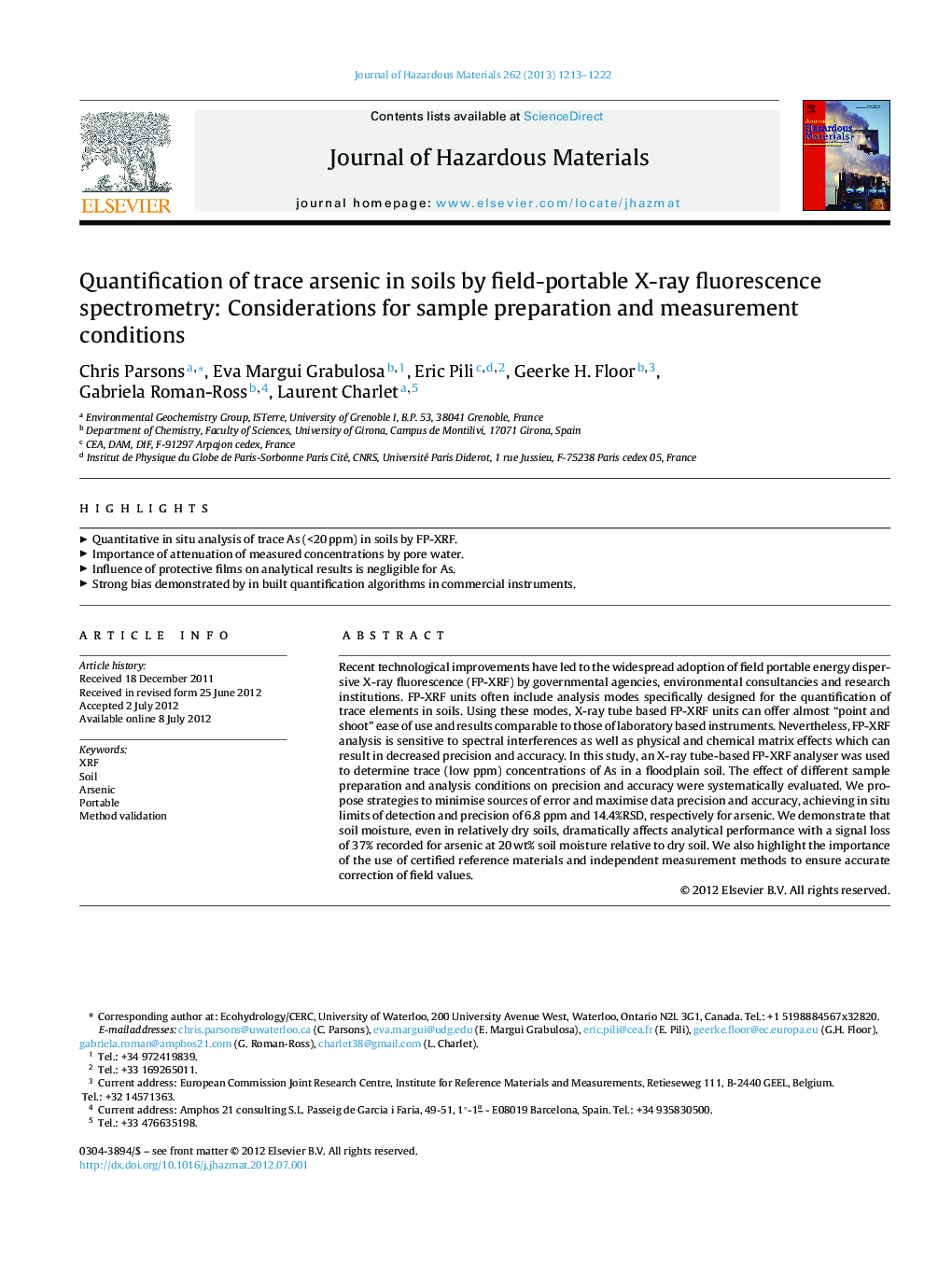 Quantification of trace arsenic in soils by field-portable X-ray fluorescence spectrometry: Considerations for sample preparation and measurement conditions