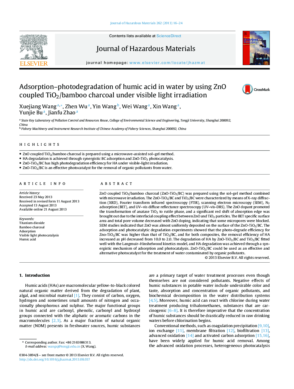 Adsorption-photodegradation of humic acid in water by using ZnO coupled TiO2/bamboo charcoal under visible light irradiation