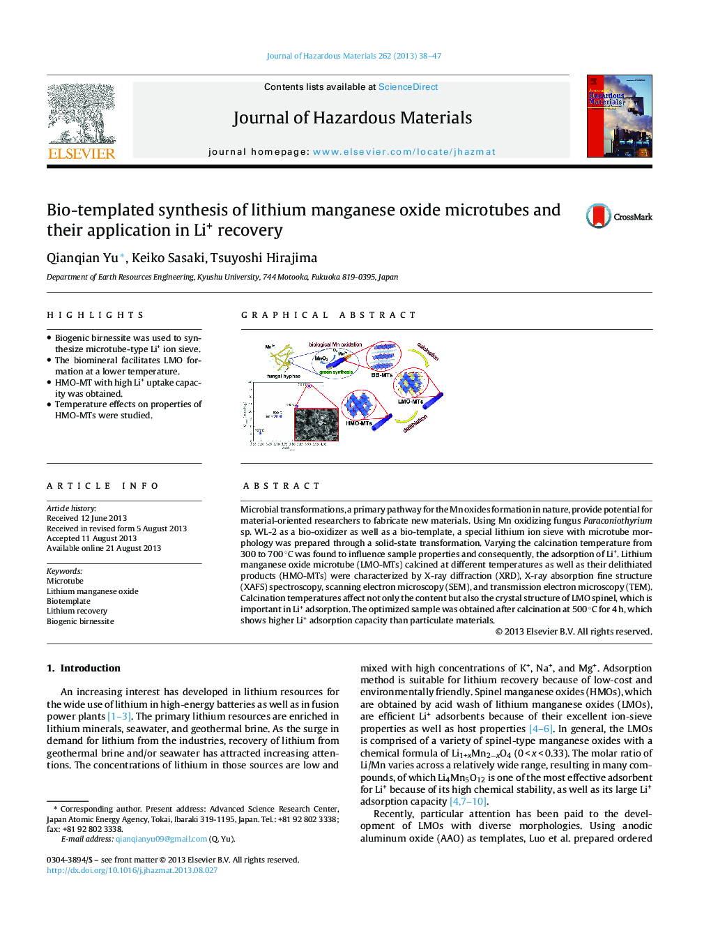 Bio-templated synthesis of lithium manganese oxide microtubes and their application in Li+ recovery