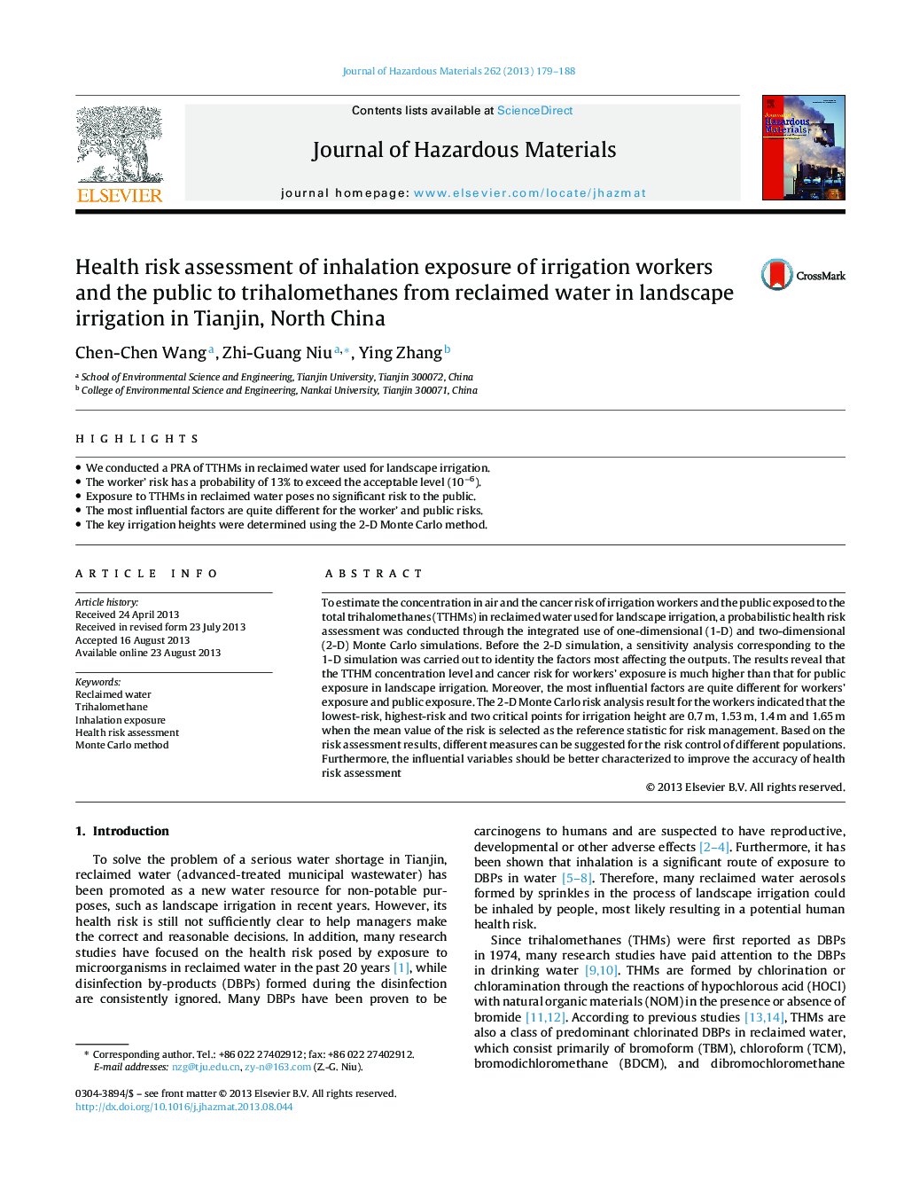 Health risk assessment of inhalation exposure of irrigation workers and the public to trihalomethanes from reclaimed water in landscape irrigation in Tianjin, North China