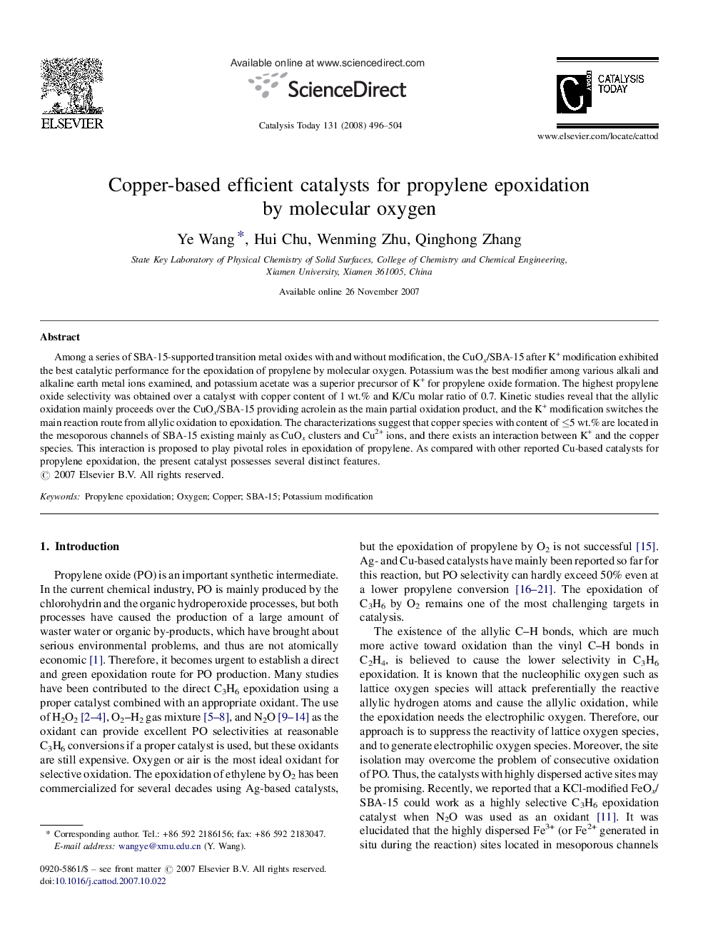 Copper-based efficient catalysts for propylene epoxidation by molecular oxygen