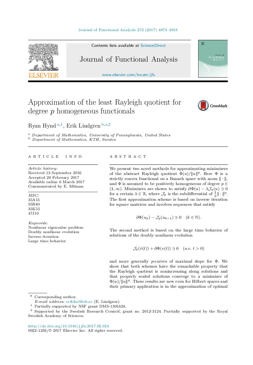 Approximation of the least Rayleigh quotient for degree p homogeneous functionals