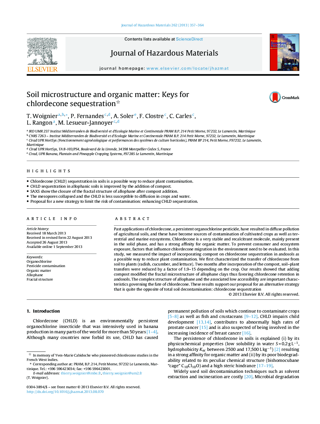 Soil microstructure and organic matter: Keys for chlordecone sequestration