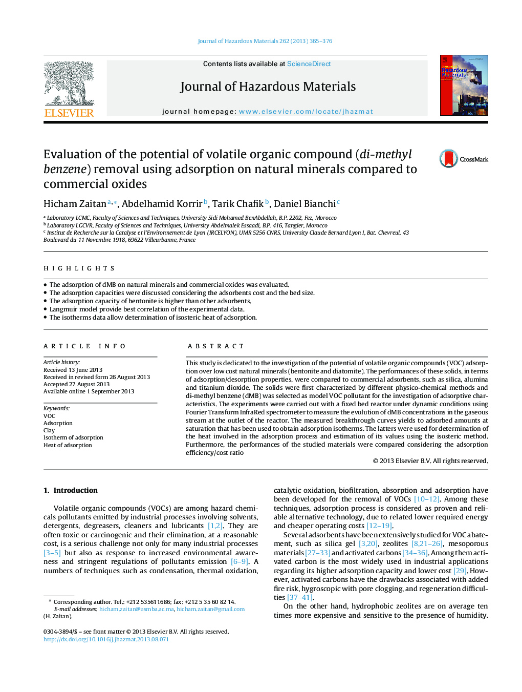 Evaluation of the potential of volatile organic compound (di-methyl benzene) removal using adsorption on natural minerals compared to commercial oxides