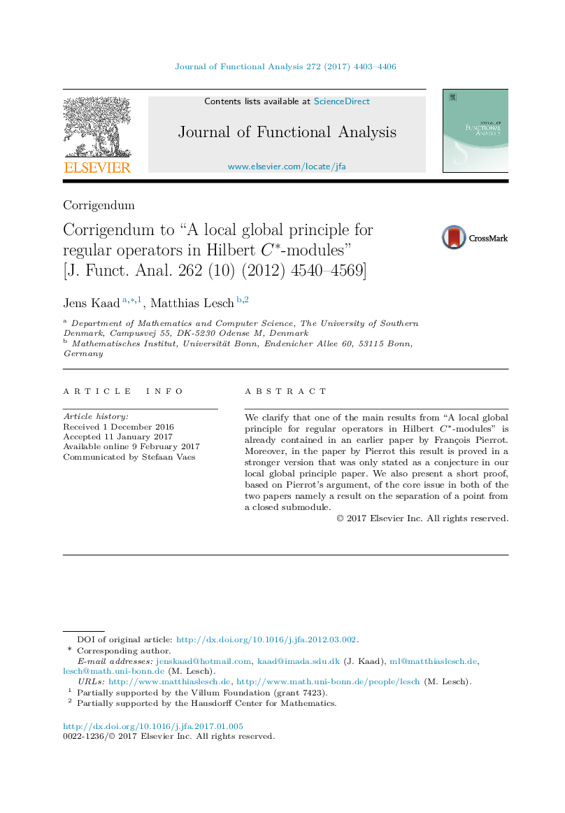 Corrigendum to “A local global principle for regular operators in Hilbert Câ-modules” [J. Funct. Anal. 262 (10) (2012) 4540-4569]