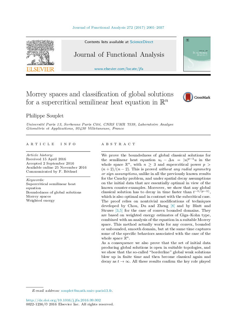 Morrey spaces and classification of global solutions for a supercritical semilinear heat equation in Rn