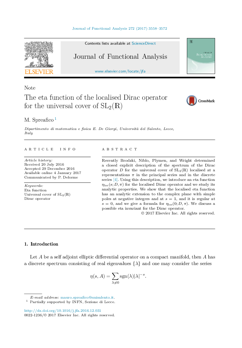 The eta function of the localised Dirac operator for the universal cover of SL2(R)