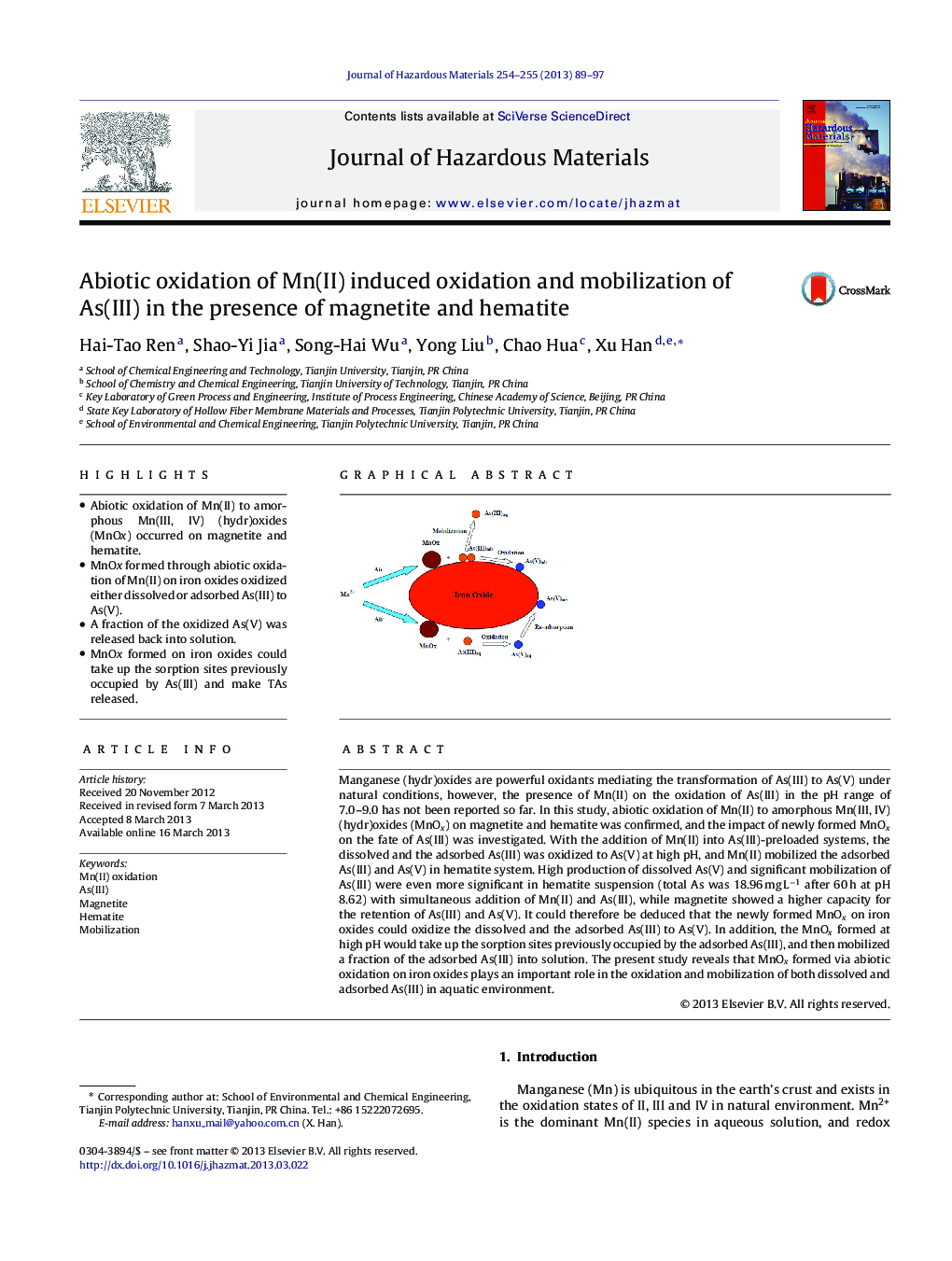 Abiotic oxidation of Mn(II) induced oxidation and mobilization of As(III) in the presence of magnetite and hematite