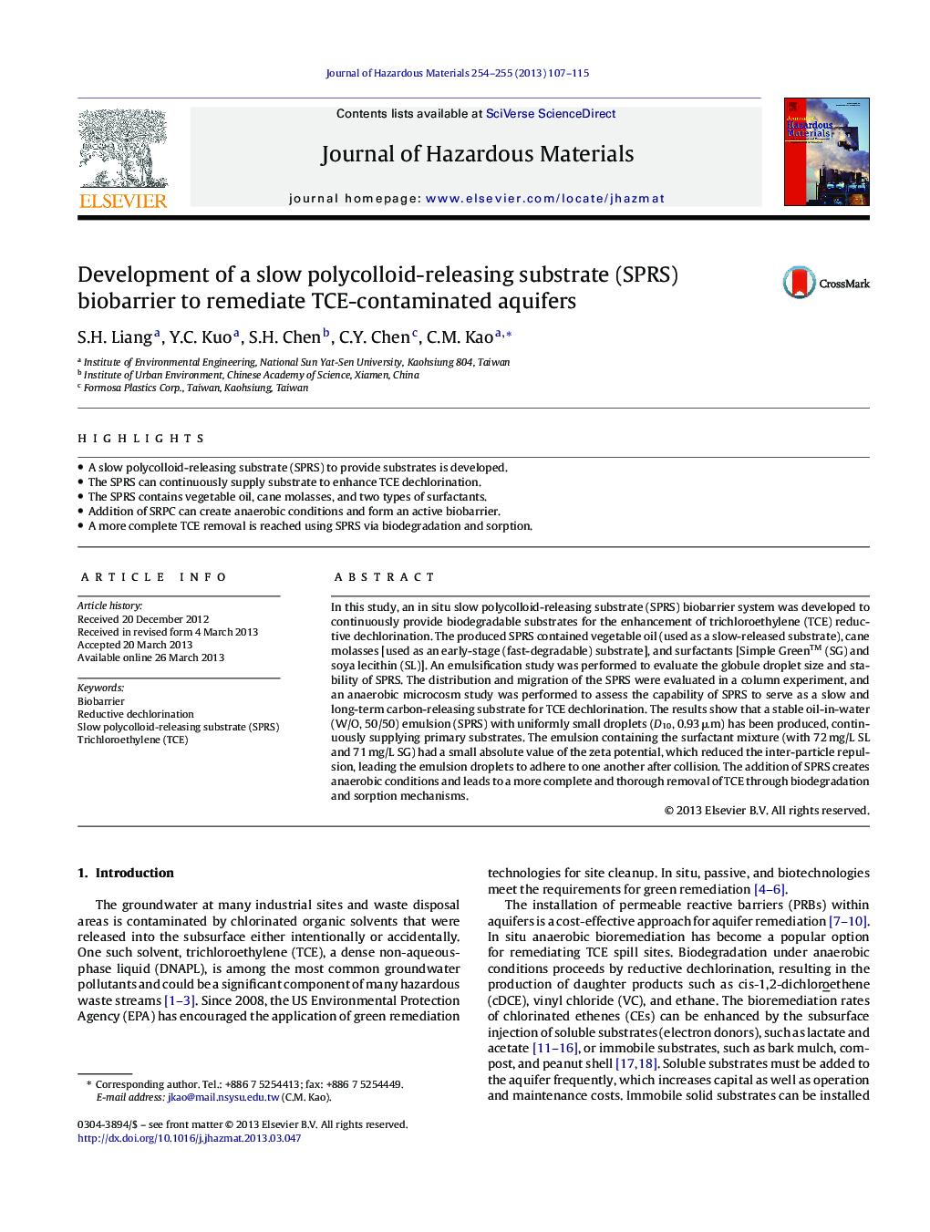 Development of a slow polycolloid-releasing substrate (SPRS) biobarrier to remediate TCE-contaminated aquifers