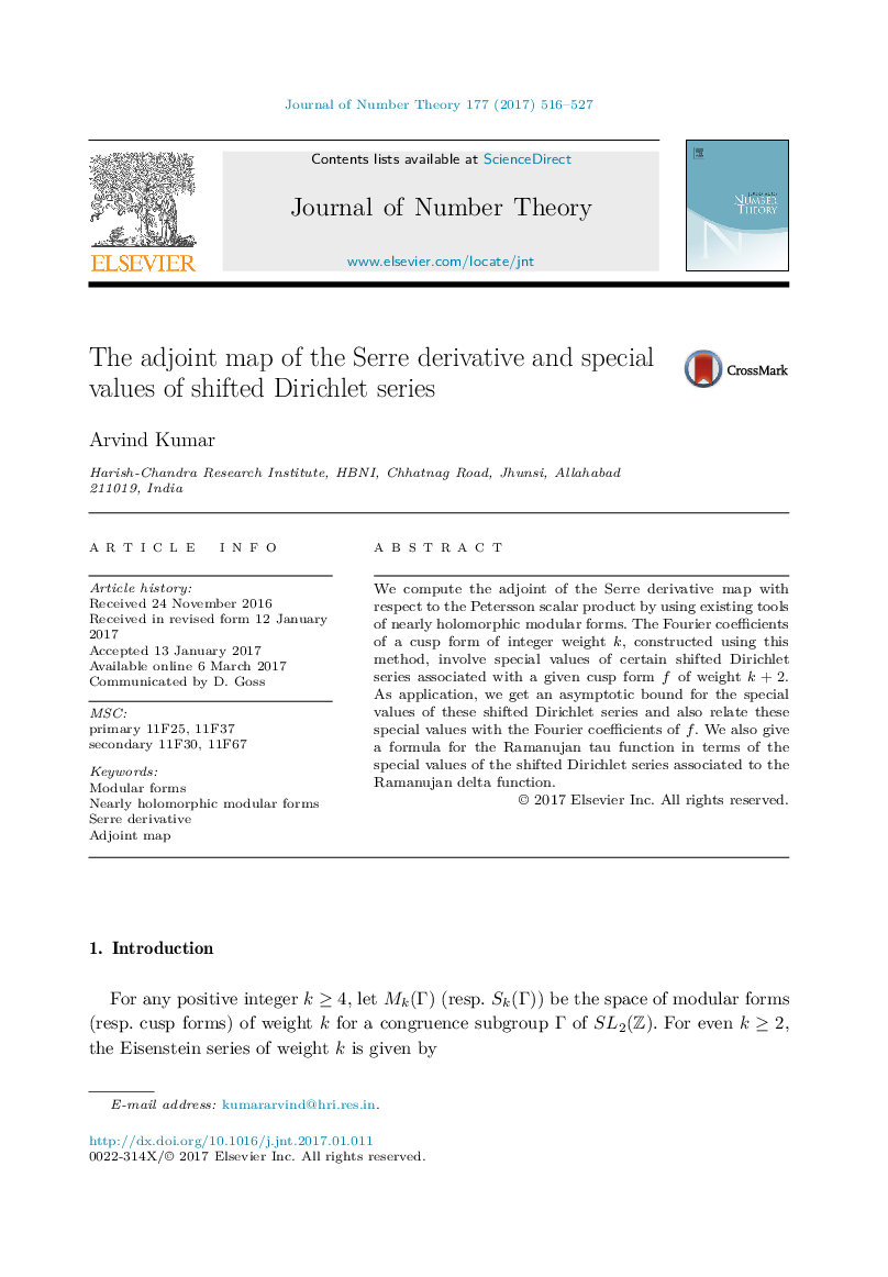 The adjoint map of the Serre derivative and special values of shifted Dirichlet series