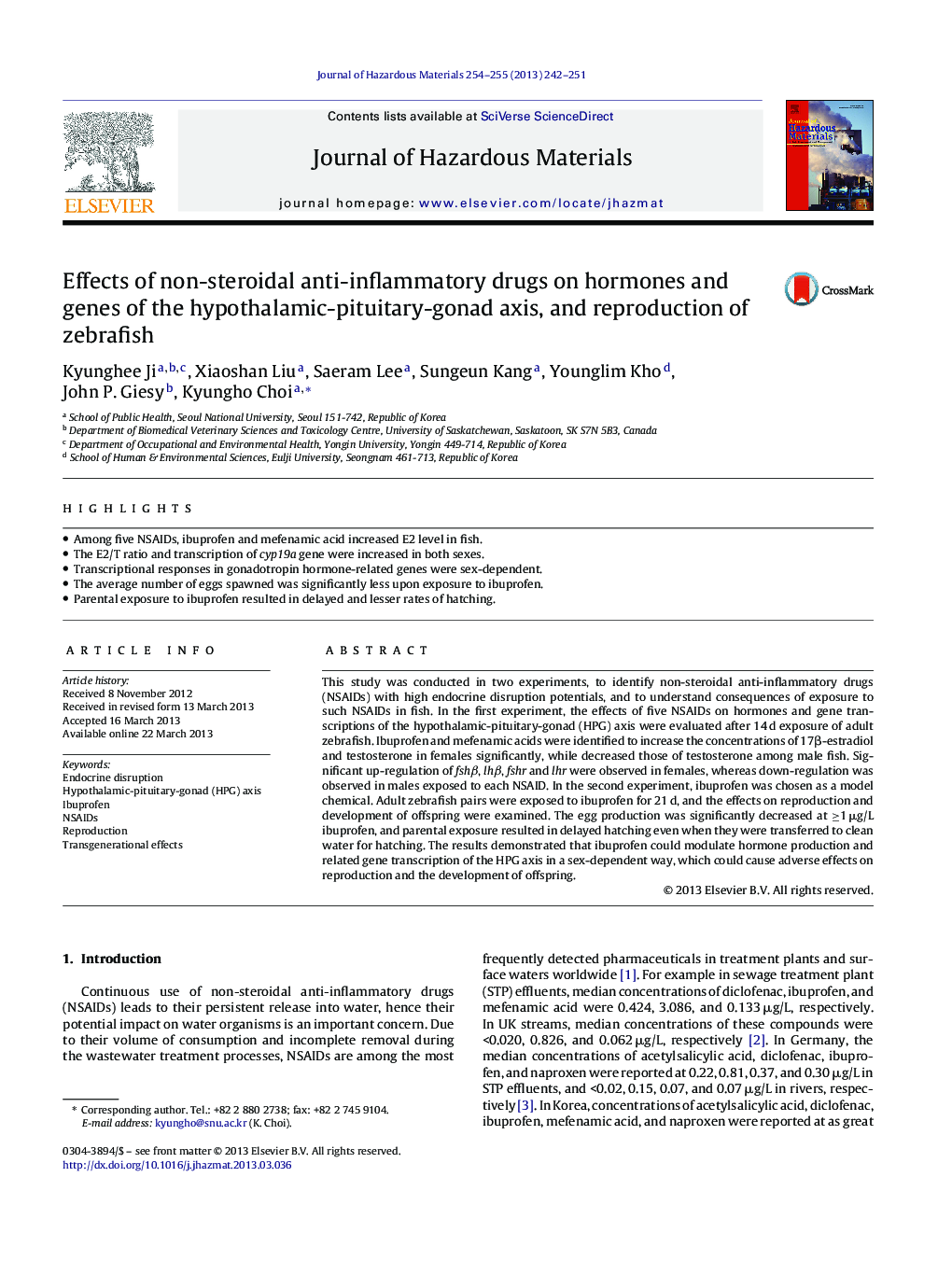 Effects of non-steroidal anti-inflammatory drugs on hormones and genes of the hypothalamic-pituitary-gonad axis, and reproduction of zebrafish