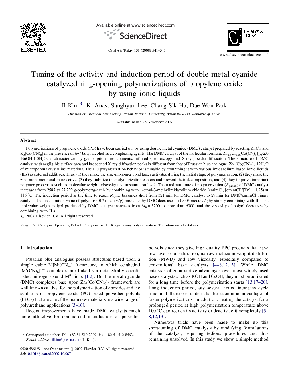 Tuning of the activity and induction period of double metal cyanide catalyzed ring-opening polymerizations of propylene oxide by using ionic liquids