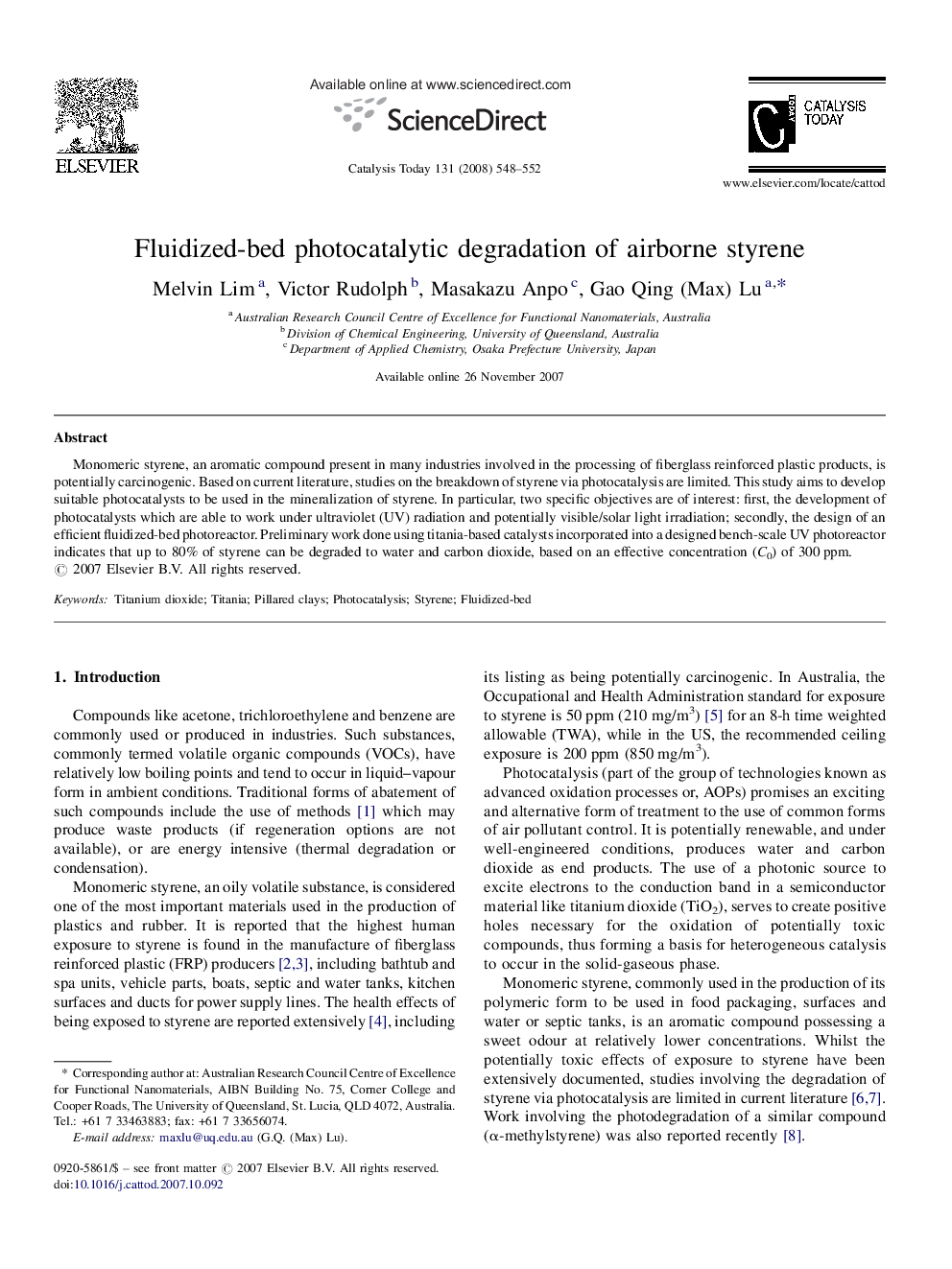 Fluidized-bed photocatalytic degradation of airborne styrene