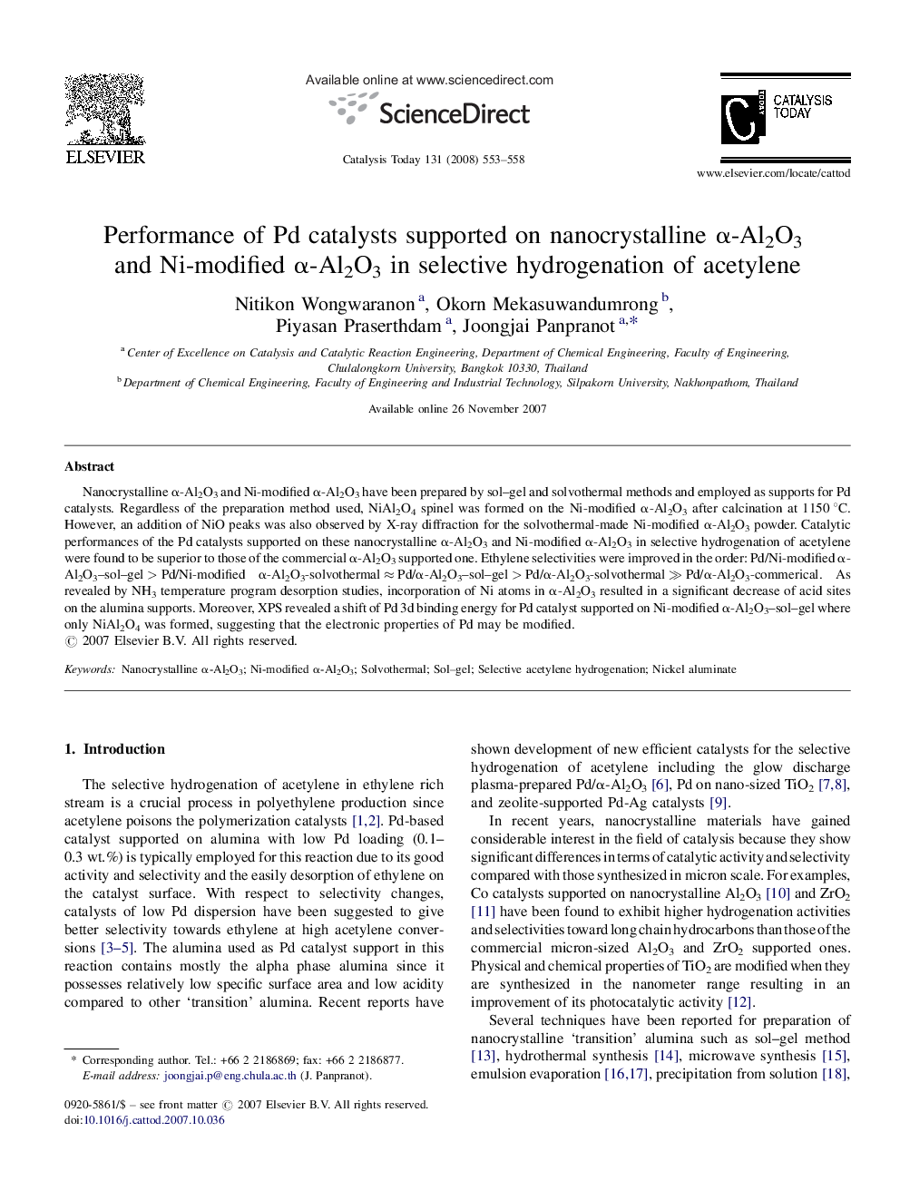 Performance of Pd catalysts supported on nanocrystalline α-Al2O3 and Ni-modified α-Al2O3 in selective hydrogenation of acetylene