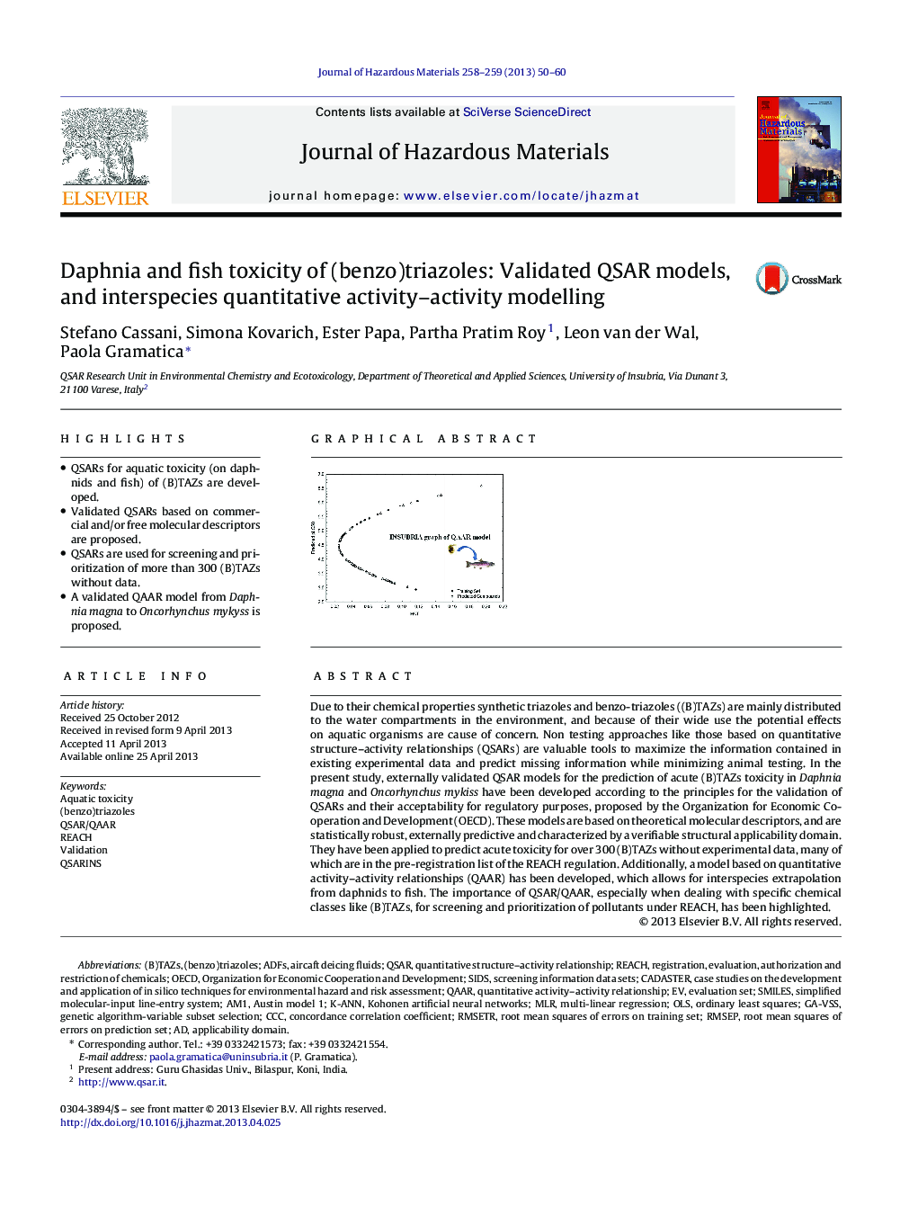 Daphnia and fish toxicity of (benzo)triazoles: Validated QSAR models, and interspecies quantitative activity–activity modelling